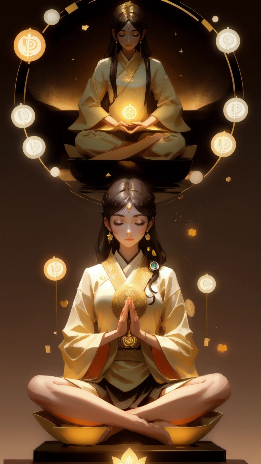 A serene image of a woman meditating in the lotus position, surrounded by floating dollar signs and cryptocurrency coins, symbolizing financial abundance and inner peace. The brown background adds a grounding element, connecting the themes of mindfulness and wealth. Keywords: 'DeFi Yield Yoga,' financial zen, digital wealth, harmony, meditation.