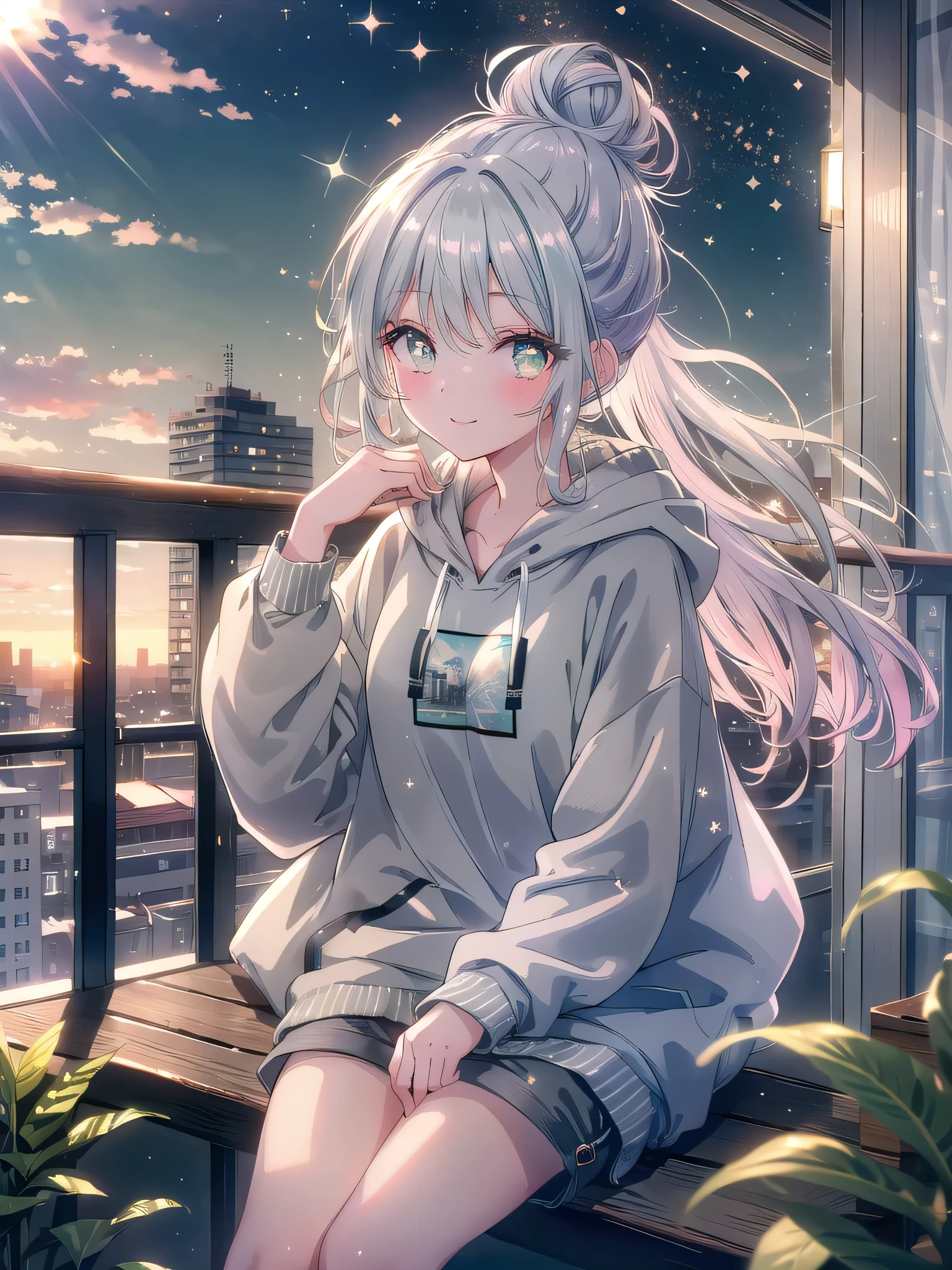 ((8k, Highest quality, masterpiece: 1.3)),Ultra-high resolution,(1 girl, alone), (Color changing eyes, Ultra-detailed, Expressive brilliance, Glitter, Glowing Eyes), Highly detailed eyes, Highly detailed face, Random Hair, ((pastel colour) The woman is seated at a small table on the balcony of a modern apartment, with a small plate of sushi and a cup of green tea in front of her. She’s wearing a light gray hoodie and casual shorts, her hair in a messy bun. The balcony overlooks a peaceful cityscape, with the afternoon sun casting gentle shadows. She looks at the camera with a warm, loving smile, her eyes filled with adoration as she talks, her hand resting on the table, the other gesturing softly, inviting her boyfriend into the conversation.