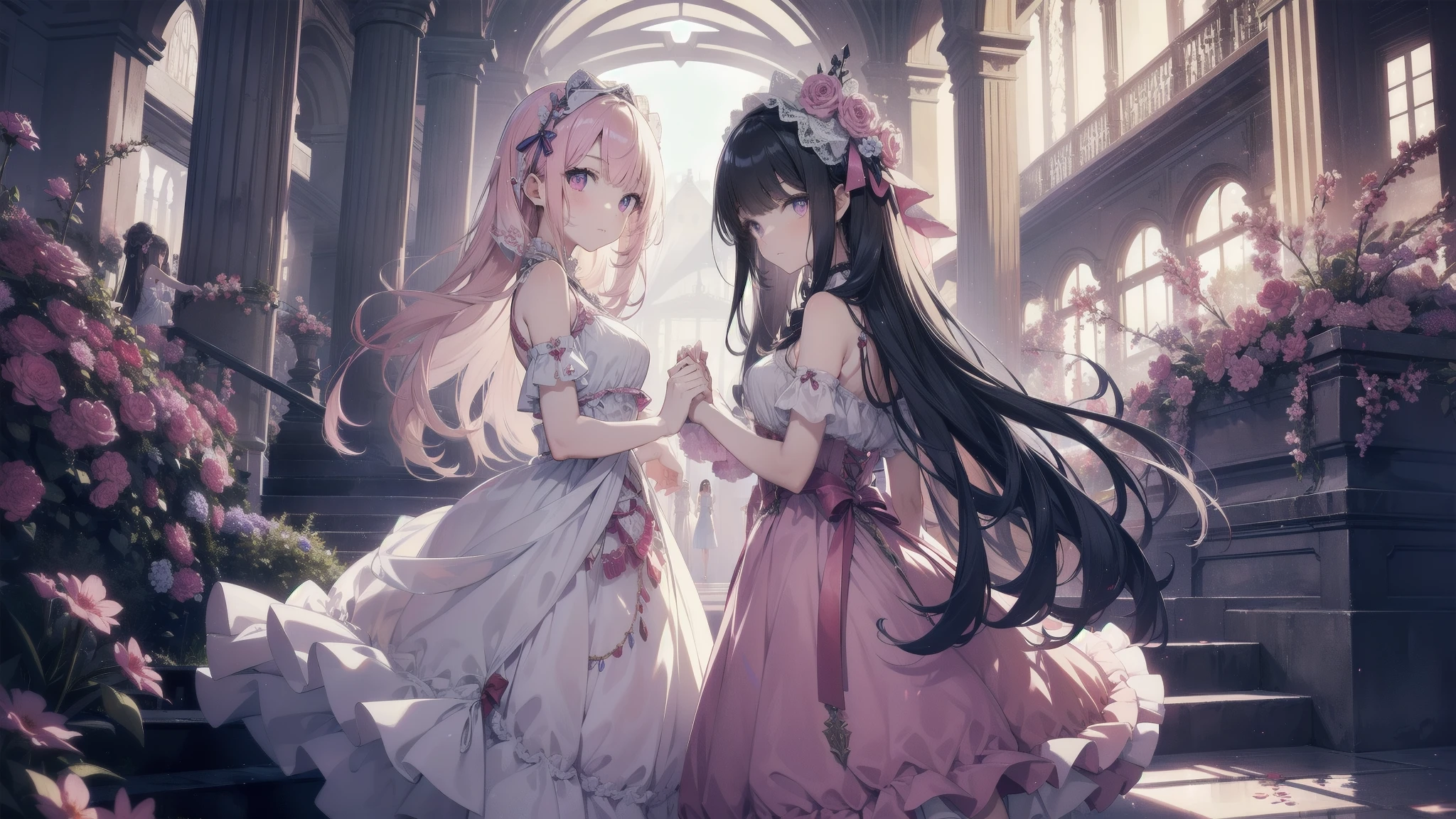 Masterpiece Top Quality
Three Girls Adorned in Delicate Dresses, their Faces Reflecting Fear and Anxiety, Akin to the Squid Game Characters
1. With Straight Long Hair, their Eyes Wide and Full of Trepidation, Pale as the Moon
2. A Young Adscent, possibly , resembling Chiquita
3. A Matured Girl, perhaps , exuding an Alluring Gaze
The girls stand at the foot of a grand staircase, their eyes fixed on the Shiny Pink World above, a Dreamland, adorned with Ribbons