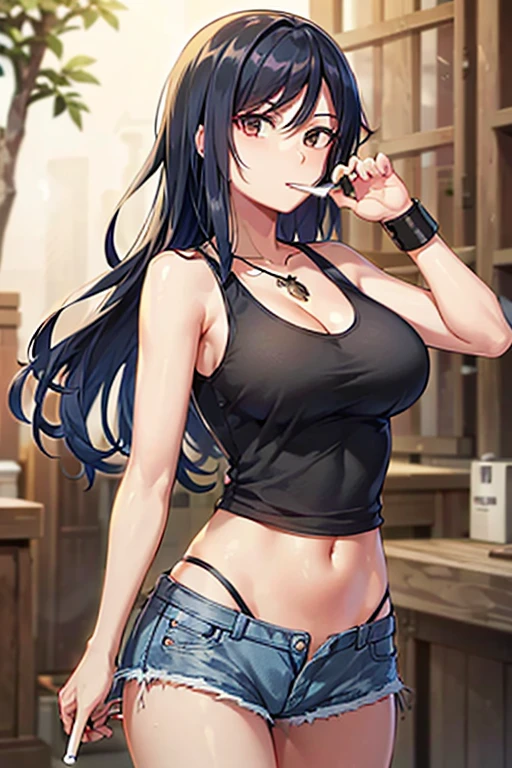 Highest quality,high resolution,２d,(Cel animation style),One woman,30 year old Asian female,(Straight long black hair),((Black tank top)),((Denim shorts)),((1 with a pistol in each hand.3)),(Skull Necklace),Black sneakers,(Beautiful face with slits 1.3)，Black wristband on left wrist,Beautiful Style,Glamorous Body,(Large Breasts),(((Holding a cigarette)))