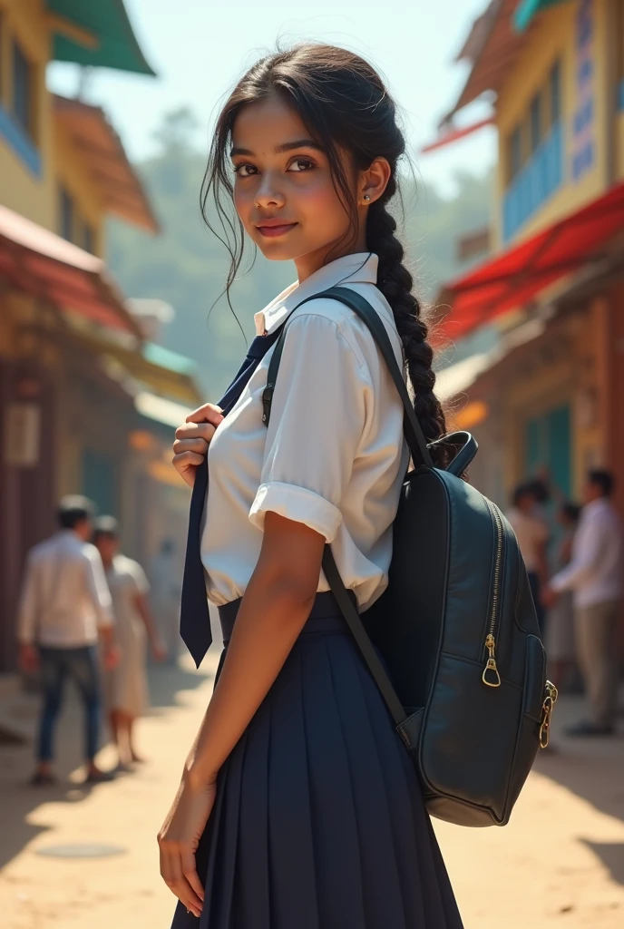 Beautiful ((White Indian))  girl, , (white skin), in indian school uniform, realistic photo, large breasts , standing and looking back, carring a school bag on her back, indian street,  detailed hands and face and eyes, looking away, full body, full body shot, 16k UHD
