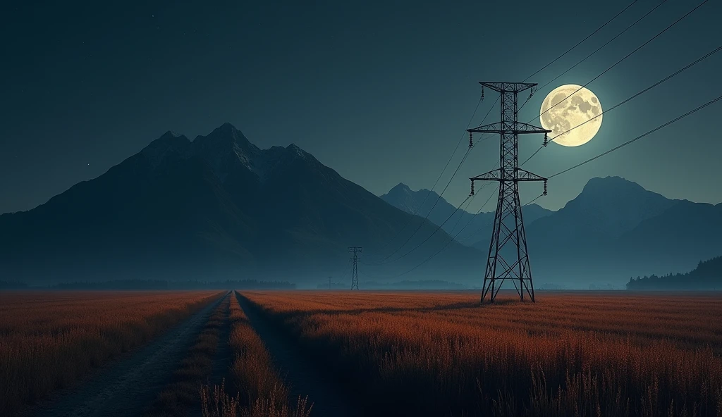 a beautiful field with a mountain in the background, the moon and stars in the sky, the field in sober with just an electric pylon, dark and brown color, a little bit of orange, high quality