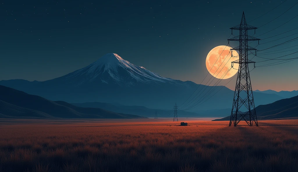 a beautiful field with a mountain in the background, the moon and stars in the sky, the field in sober with just an electric pylon, dark and brown color, a little bit of orange, high quality