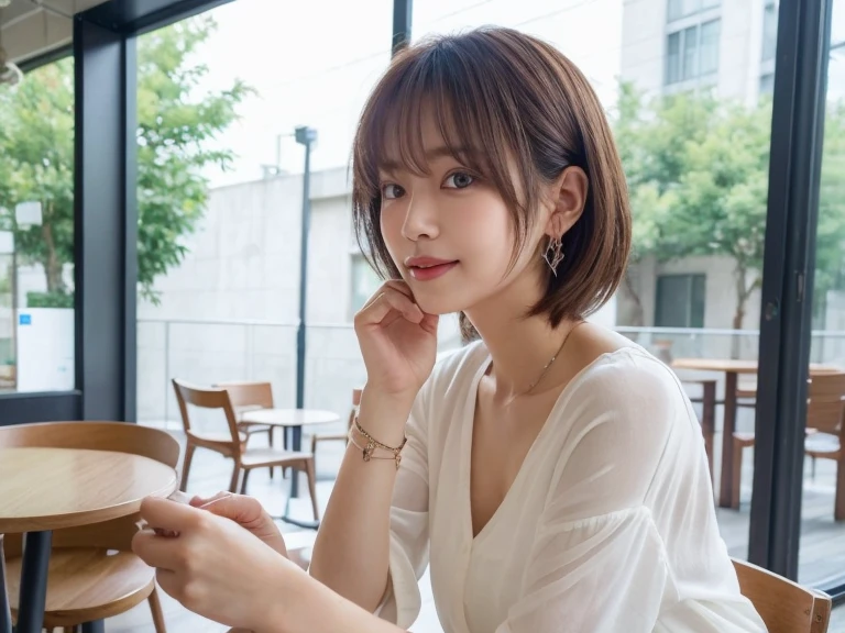 8k, masterpiece, RAW Photos, Highest quality, Realistic, extremely detailed CG unity 8k wallpaper, Cinematic Light, Lens flare, Ray Tracing, (Very beautiful face, Beautiful Lips, Beautiful Eyes, Big eyes), ((Highly detailed skin)) 1 person, Deep Shadow, Beautiful Japanese Woman, 1 person, (Very slim, Toned, muscular body:1.2),Serious expression, (morning, (Blurred Background), Pale Light),indoor, (No people in the background:1.3), Beautiful earrings, bracelet, necklace, Clear Eyes, iris, Inside the cafe,Drink coffee,Looking out the window, Full Body Shot,Summer clothes、Hiding your mouth and smiling！