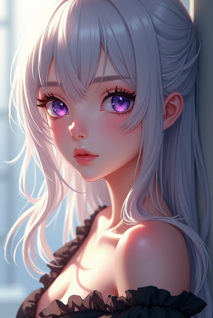 anime girl portrait with silvery platinum hair, purple eyes mixed with golden hue color and sexy