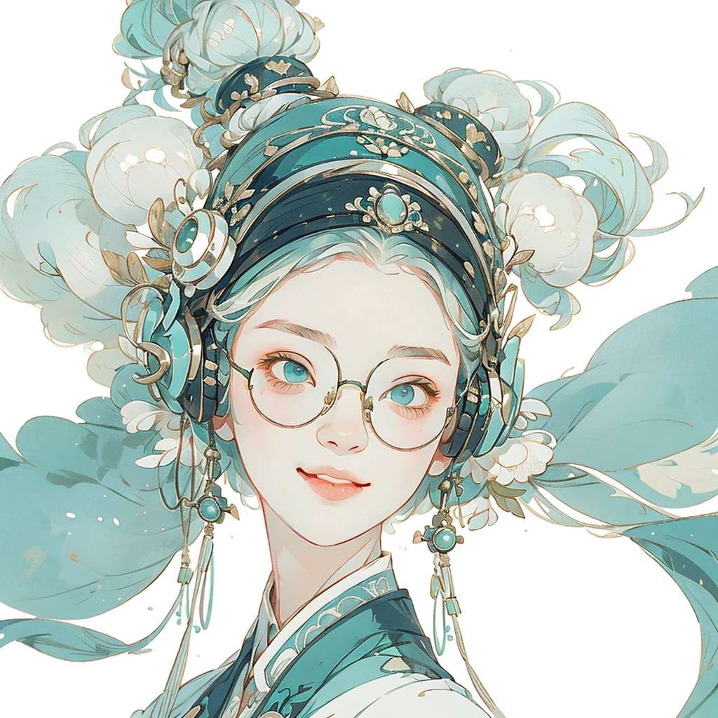 customer service uniform, smile, white hair, beautiful bluegreen eyes, headset, head portrait, lovely girl, white background, glasses