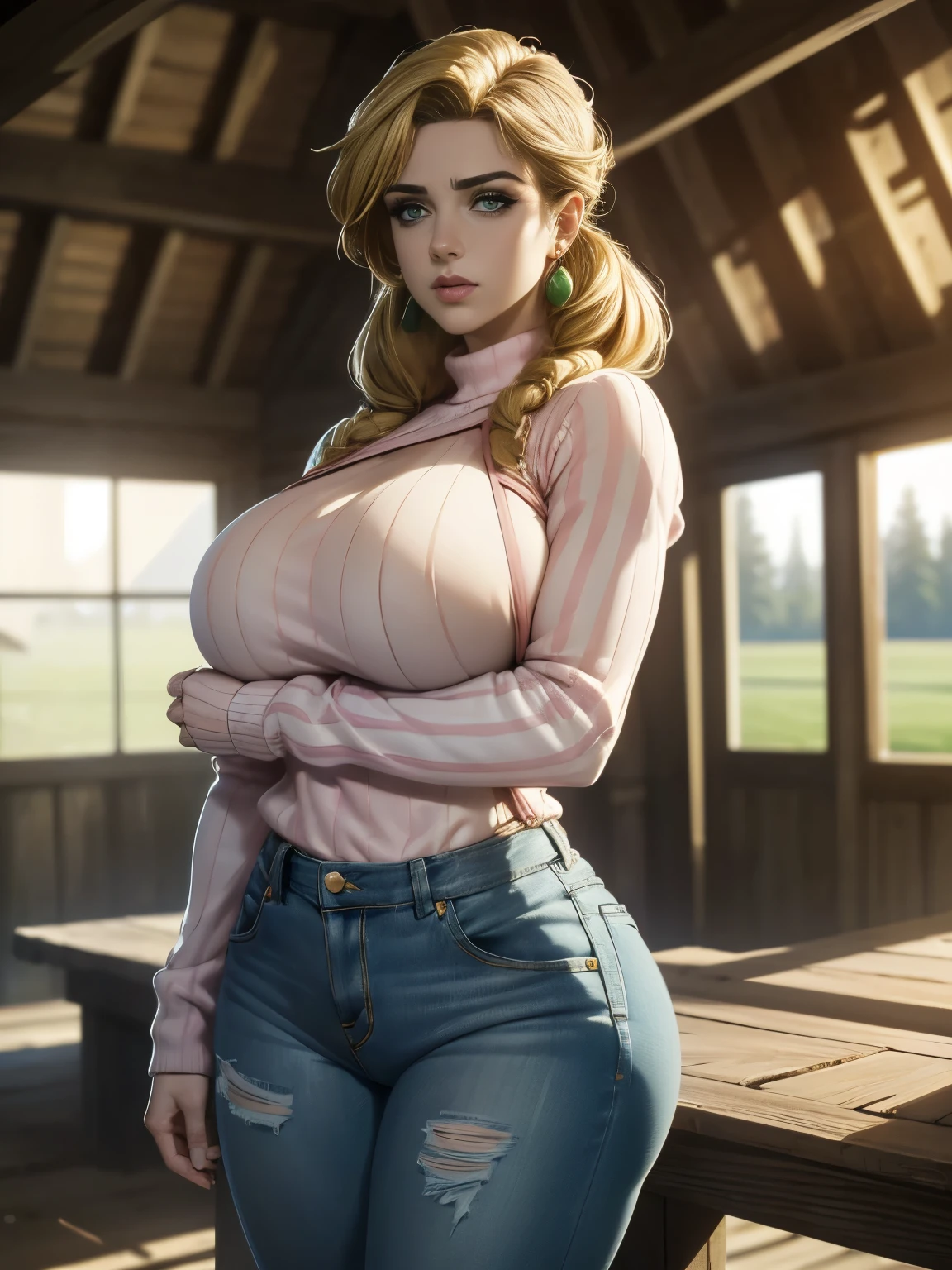 (masterpiece, best quality:1.2), 16k HDR, high resolution, professional lighting, cinematic lighting, RAW photo, hyper realistic photo, 1girl, solo, ultra realistic portrait of Holy Kujo, (Jojo' Bizarre Adventure), blonde hair, green eyes, wrinkles, double eyelids), (interior of realistic & detailed abandoned barn, farms), (pink & white stripe, long sleeve, sweater, apron on sweater, long jeans pants), (ultra huge tits, ultra huge boob, ultra huge breasts, ultra huge cleavages), (ultra slim waist, perfect slim body style), standing, 