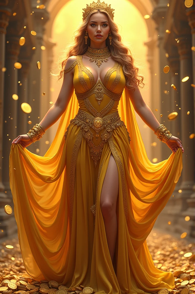 Aurum is an imposing and exuberant female figure., with a generous, curvy silhouette, extremely large breasts. She looks like anime characters and exudes sensuality.. She is dressed as a queen'CLOTHES, Adorned with golden jewels and precious stones that shine brightly. Your gaze is penetrating and full of intensity., Transmitting power and authority.. Aurum is surrounded by coins and shiny elements that accentuate his aura of wealth and magnificence.... Your mouth is well marked and seductive., and your whole body radiates an irresistible sensuality.