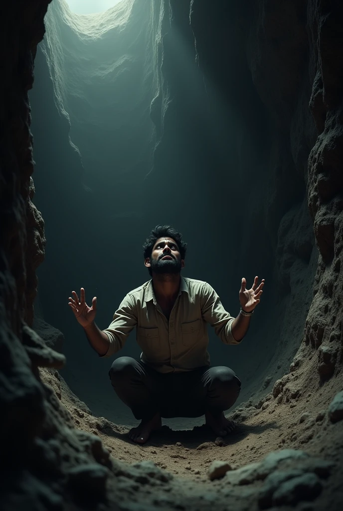 Mohit's Cry for Help**: Show Mohit sitting at the bottom of the pit, shouting for help. The scene should convey his fear and desperation as he realizes he can't get out on his own.