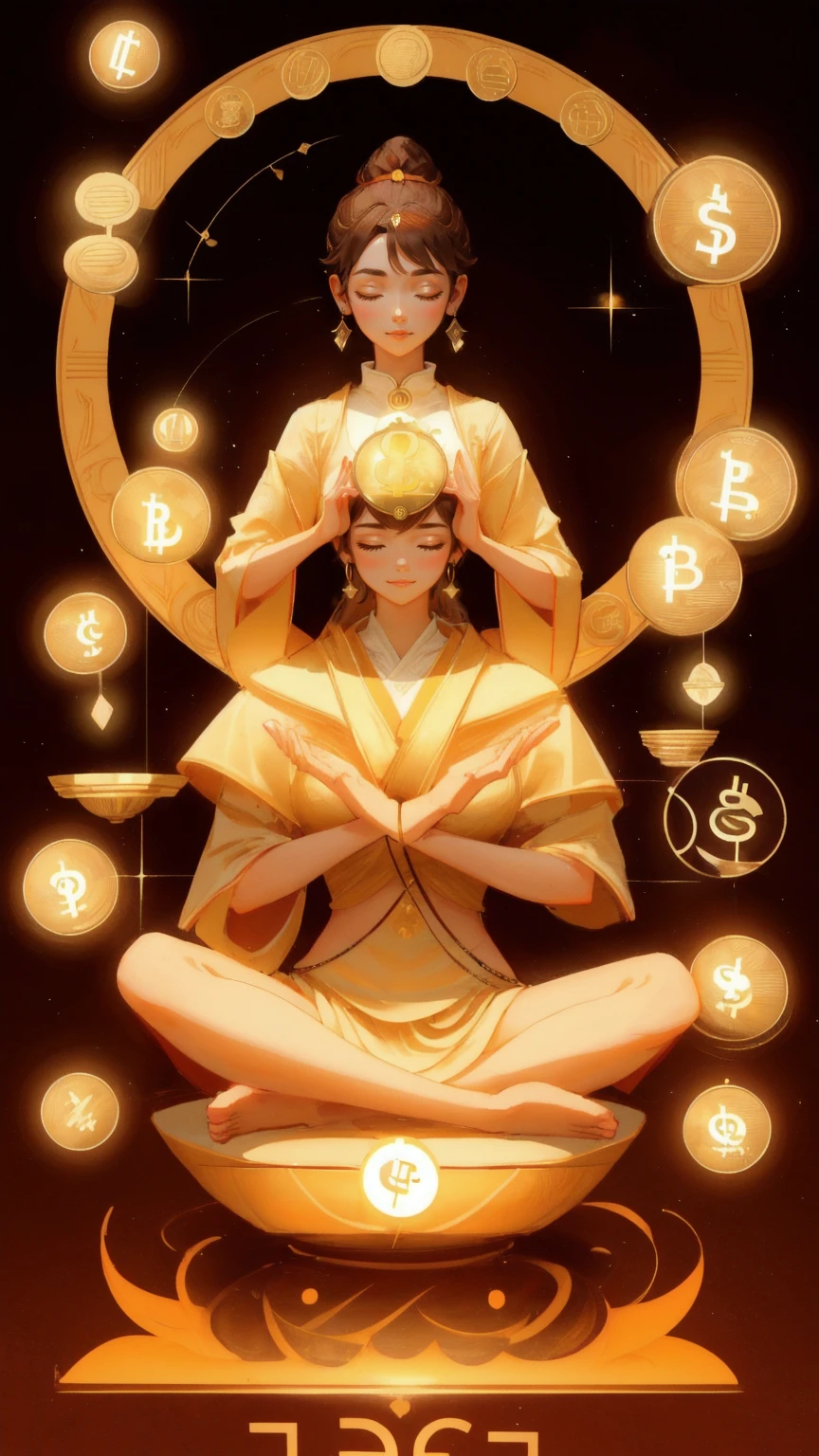 A calm image of a woman practicing yoga in the lotus position, surrounded by floating cryptocurrency symbols and dollar coins, representing a balance between wealth and inner peace. The background should be a rich brown color to evoke a sense of stability and connection with the earth. Keywords: 'DeFi Yield Yoga,' financial serenity, digital currency, meditation, mindfulness.