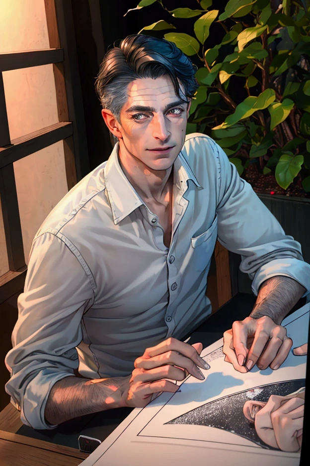 (of the highest quality,4k,8k,High resolution,masterpiece:1.2),Super detailed,(realist,photorealist,photo-realist:1.37),1 person,mature men,beautiful skin,White race, White skin, very handsome,Expressionless smile in love,short black hair,gray blue eyes,sharp eyes,A perfect face without a doubt,psychiatric, psychologist, 27 years, no expression marks, no wrinkles, young, fondo de jardin asilo psychiatric,cinema lighting,imagen hdr,Atar、