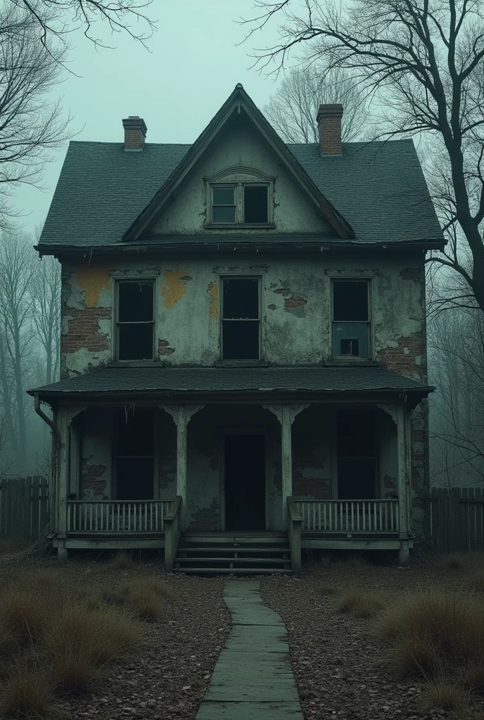 Create an abandoned house, which stands gloomily, its dilapidated walls are covered with cracks and mold. Broken windows gape like dark holes, like the eyes of a monster. The roof partially collapsed, revealing the black holes of the attic. Old boards creak on the floor, and in the silence of the night strange rustlings and groans are heard.