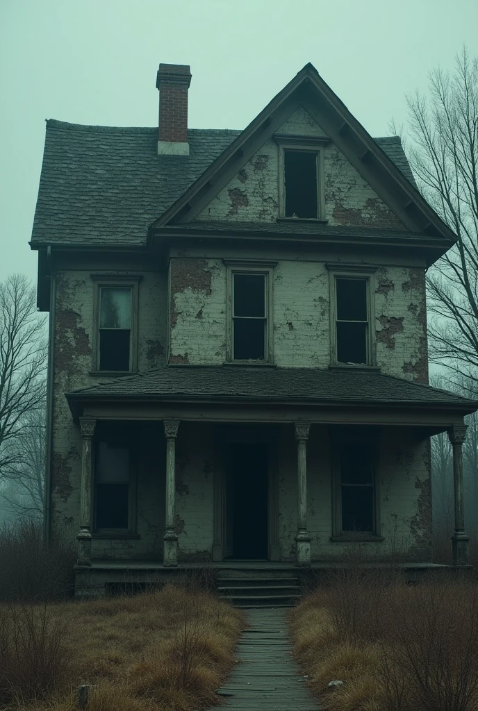Create an abandoned house, which stands gloomily, its dilapidated walls are covered with cracks and mold. Broken windows gape like dark holes, like the eyes of a monster. The roof partially collapsed, revealing the black holes of the attic. Old boards creak on the floor, and in the silence of the night strange rustlings and groans are heard.