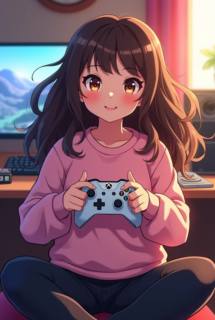 Anime gamer girl with: brown wavy hair, brown eyes, métis skin, a pink pastel sweat-shirt and a black trousers she is in her gamer room and she have game controllers of a Xbox in his and she’s getting a thumb in the air she smile
