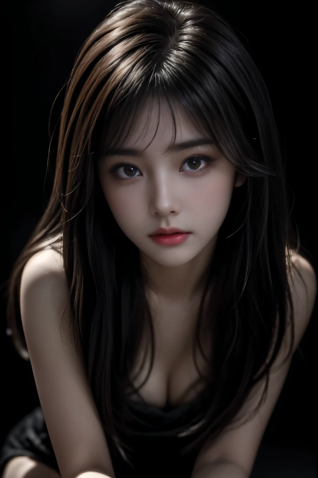 masterpiece, best qualitiy, RAW photos, realisticlying, A high resolution, hyper-detailing, Focus on the face, looking at viewer, Detailed eyebrows, realistic beautiful eyes, realistic glossy skin, straight Bangs, realistic movie lighting, detail shaded, high contrast, Slender, big , Exposed cleaen mouse, nsfw, Sexy face, Fal expressions when receiving pleasure, ((Dark background))
