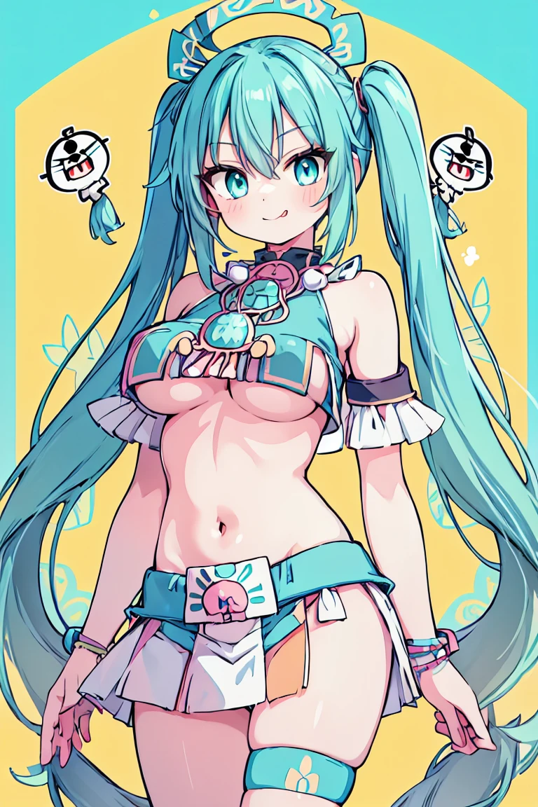 aqua eyes, aqua hair, crossed bangs, hair between eyes, long hair, twintails, female aztec, beautiful, smile, smug face, tongue, medium breast, tuft, bare legs, bare shoulders, bare arms, underboob, tribal feathers, tribal beads, tribal ornaments