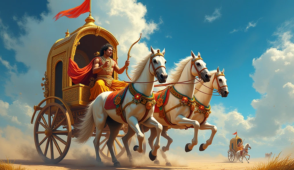 A dynamic painting depicting a scene from the Indian epic Mahabharata, featuring two central figures riding a golden chariot. The chariot is adorned with intricate golden embellishments, including elaborate designs on its sides, an ornate canopy with a central dome, and a vibrant red flag flying atop it. Four white horses with golden harnesses, red and green decorations, and flowing manes are pulling the chariot, their muscular legs raised in mid-stride, creating a sense of powerful motion. The driver, positioned on the left, wears a golden armor with a red and blue dhoti, holding a bow in his right hand. Beside him sitsKrishna, dressed in a rich golden robe with intricate designs, adorned with floral garlands and a decorative crown, holding a wooden whip in his right hand. Both figures have serene yet determined expressions. The background showcases a dramatic sky filled with vibrant blue hues and scattered white clouds, creating a stark contrast to the bright colors of the chariot and its occupants. In the distance, another similar chariot can be seen, adding depth to the scene. The lighting is bright and even, emphasizing the vivid colors and details, while casting soft shadows on the ground, enhancing the three-dimensional quality of the illustration. The overall composition is balanced and dynamic, capturing the grandeur and intensity of this significant moment in the story, with high contrast and saturation enhancing the visual impact and creating a majestic, ethereal atmosphere. Realism Break (masterpiece:1.2), (highest quality), 4K, Super detailed, (Dynamic configuration:1.4), Very detailed, Colorful details,( Rainbow-colored:1.2), (Shining Lights, Atmospheric lighting), dream-like, Magic, (alone:1.2), in this dream-like magical setting.,style 3D art, side pose, (Warm light source:1.2), (fire Fly:2.2), (nebula:1.3), 4K, Super detailed, (Dynamic configuration:1.4), HD Pixar detailed, Colorful details, (masterpiece:1.2), (highest quality), bending your visual 