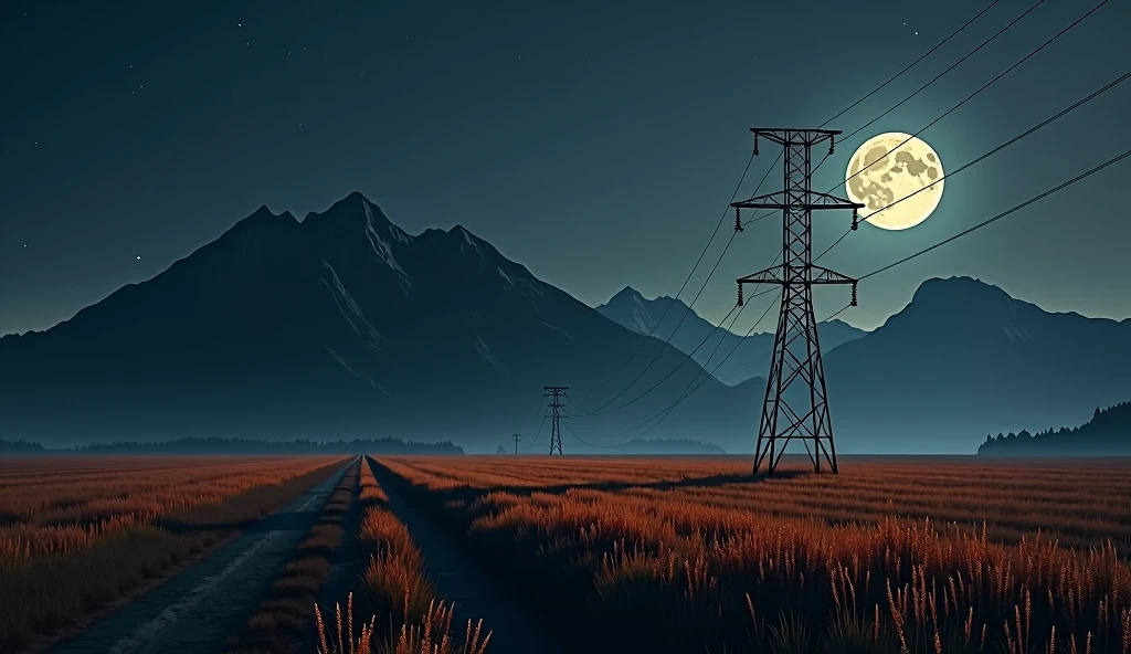 a beautiful field with a mountain in the background, the moon and stars in the sky, the field in sober with just an electric pylon, dark and brown color, a little bit of orange, high quality