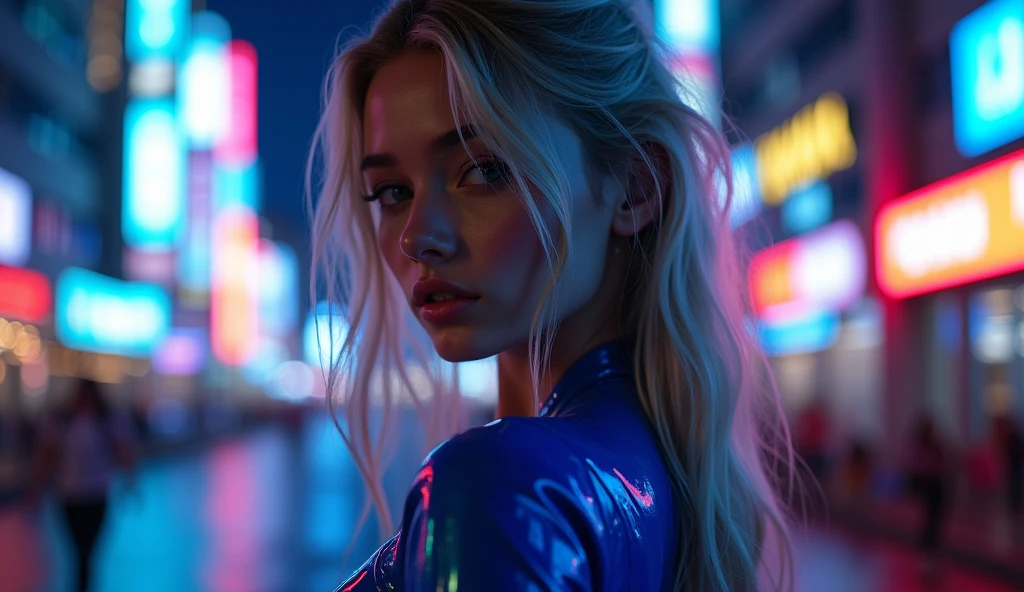 ((best quality)), ((​masterpiece)), (detailed), ((background Cyber)), wet look, ((blond long Hair)), ((Intricate detailing, in the night time, Contre-Jour, random neon color, View from afar, random pose, blue latex bodysuit, face focus, hell picture, light face, big boobs)), (face brightly lit), ((full body view)), 8k