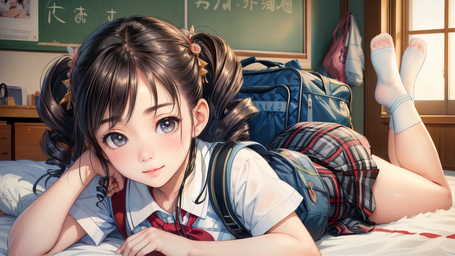 masterpiece:1.3), (8k, Realistic, RAW Photos: 1.4), Japanese, (6 women), Beautiful Face, Round face,A little small chin (Lively Faces), (drill hair:1.3), Side Up、Beautiful hairstyle,、Realistic eyes, Beautiful Eyes、Thin eyebrows、Open your mouth slightly、Cute smile、(Realistic Skin), Beautiful Skin, charm, Ultra-high resolution, Surreal、Summer clothes、school uniform、Checked chool bag、lying on her stomach
