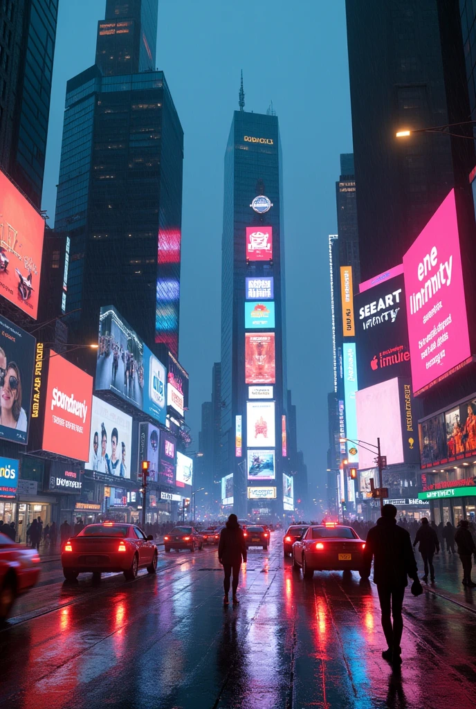 Photographic grade,Movie quality,CG Wallpaper,Cyber Times Square in New York City in the rain,Few people,There are a lot of cars on the street and all the billboards have the same words."SeaArt Infinity"