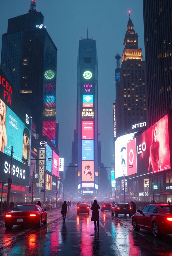 Photographic grade，Movie quality，CG Wallpaper，Cyber Times Square in New York City in the rain，Few people，There are a lot of cars on the street and all the billboards have the same words."SeaArt Infinity"