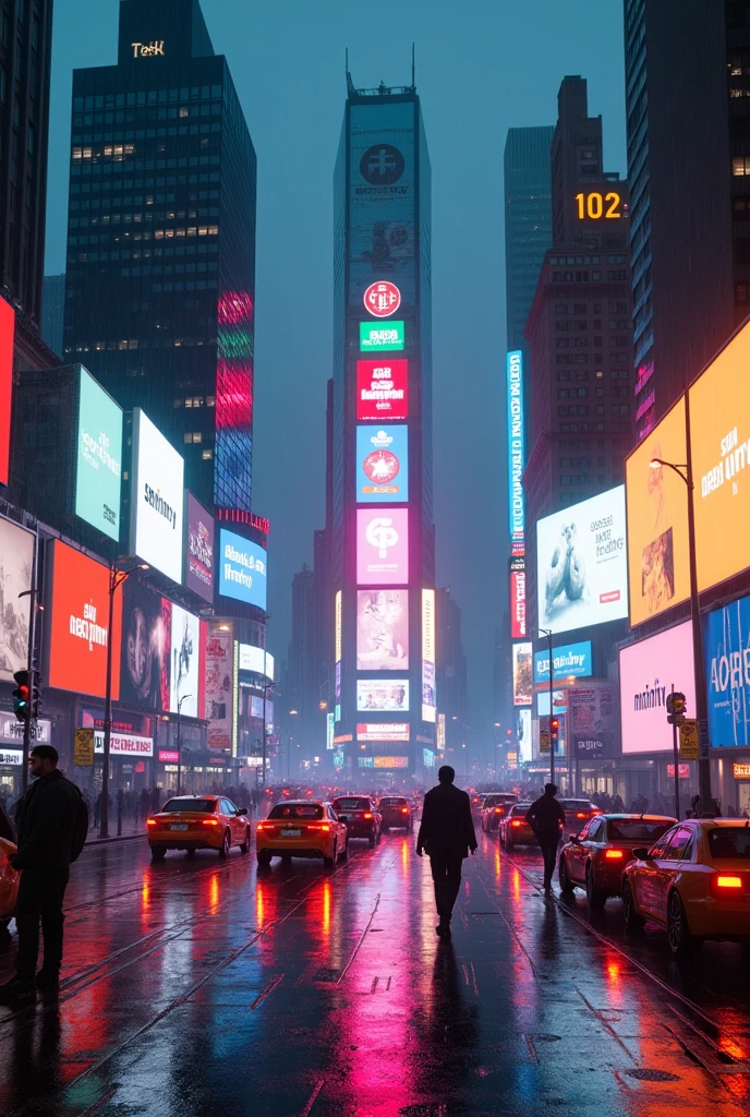 Photographic grade，Movie quality，CG Wallpaper，Cyber Times Square in New York City in the rain，Few people，There are a lot of cars on the street and all the billboards have the same words."SeaArt Infinity"