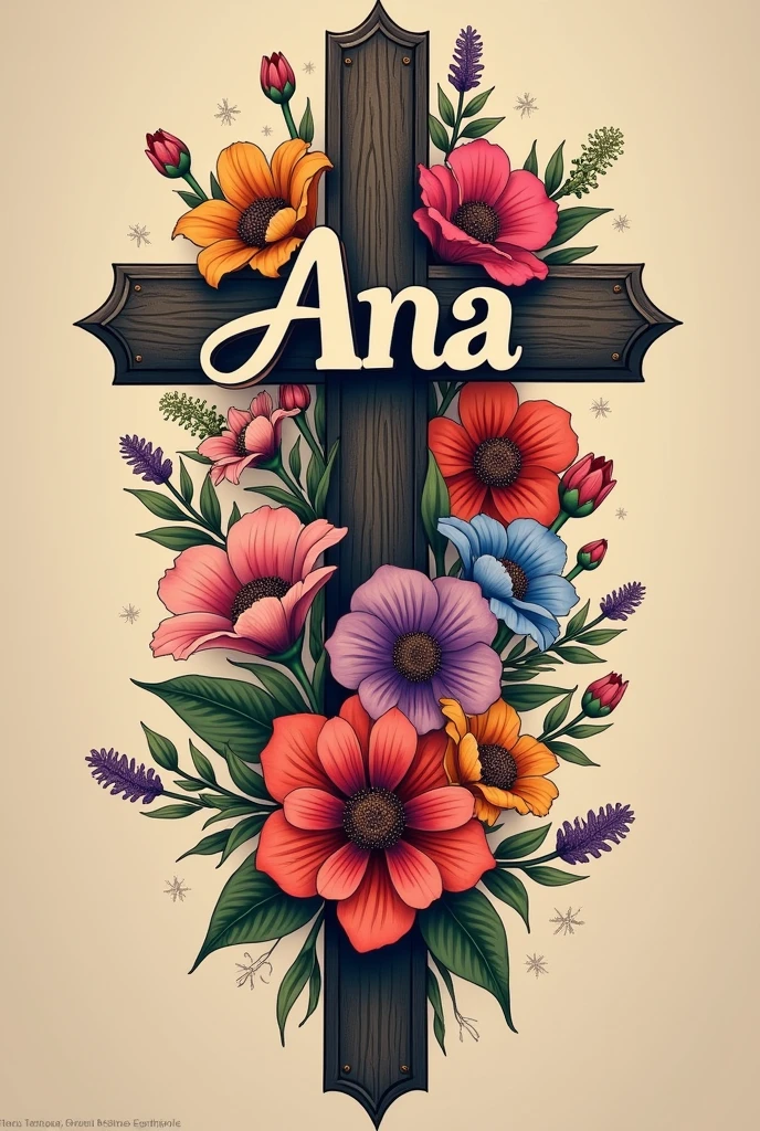 Tattoo with the name Ana in large, A Christian cross surrounded by flowers each one different from the other