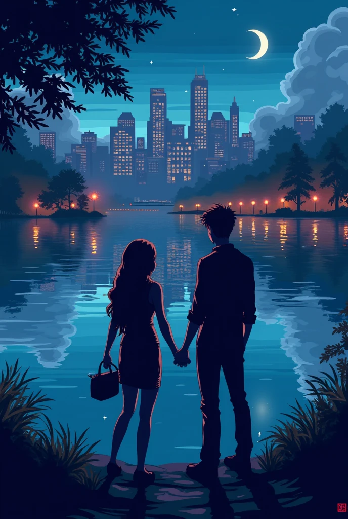 I need a background for the cover of a story (do not put the title) that is in the Habbo game model, with a city with a lake at night. Put two characters, A woman and a man