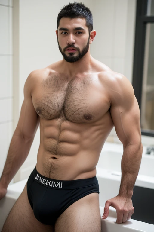 ((best quality)), ((masterpiece)), (detailed), perfect big detailed hairy plump muscle man in bath , beard, dark skin color, skinhead, Japanese men, In black boxer and short hair, full body
