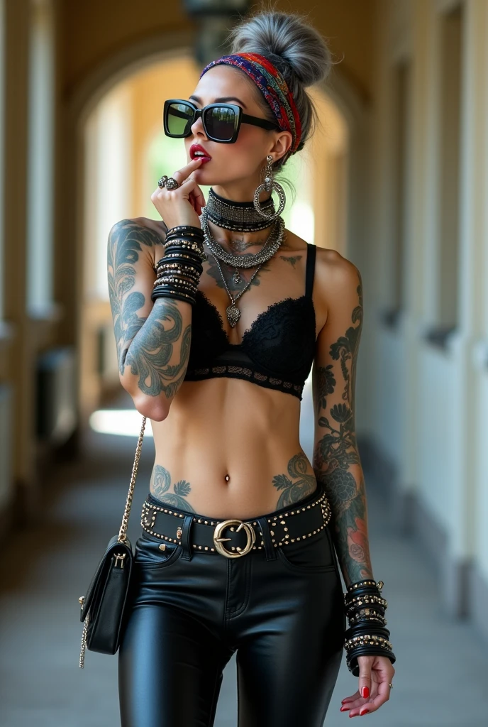 russian milf woman, grey hair (bouffant, top bun) and oversized square sunglasses and wide colourful bandana as headband, with very light green eyes, extremely pale. Big lips. Black lace push up bra, silicone breast,, tight skinny black low rise leather jeans. Flip flops. Lots of thick wide studded bracelets, chain collars and big rings,. Two loose studded belts,. Long earrings with chains and feathers. Standing with legs apart, one hand hands on her hip, the other, sucking her thumb, stretching her neck and looking up in surprise, craving., Neck, chest, stomach and wrists heavily tattoed. Toned abdominals, thin neck, slim legs and thin arms. Narrow hips. Full body. Studded black leather tote bag hanging low from her shoulder. At a long narrow corridor with natural light.