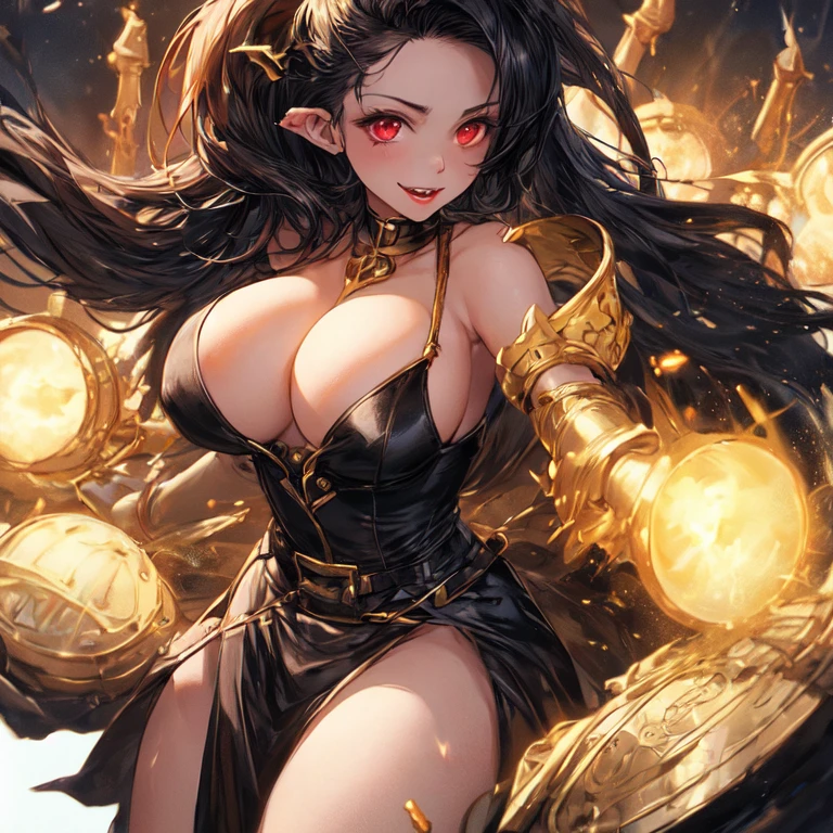 Beautiful vampire girl with long black hair, and red eyes, big breasts,  uhd, textured skin, super detail, high details, high quality,
