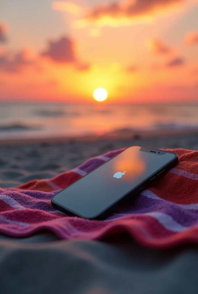 (photorealism: 1.2), realistic photo of the black iPhone 15 with the screen lit up on Hello Apple, lying on a beach towel at sunset