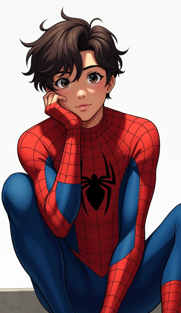 This image shows a young man sitting leaning back with his knees bent towards his chest.. He wears a red and blue superhero costume that looks like Spider-Man&#39;s costume.. This costume has a distinctive design with web lines on the blue part and a spider symbol on the chest.. This man has dark brown hair, with a slightly messy hairstyle. The expression on his face looked calm and a little dreamy..