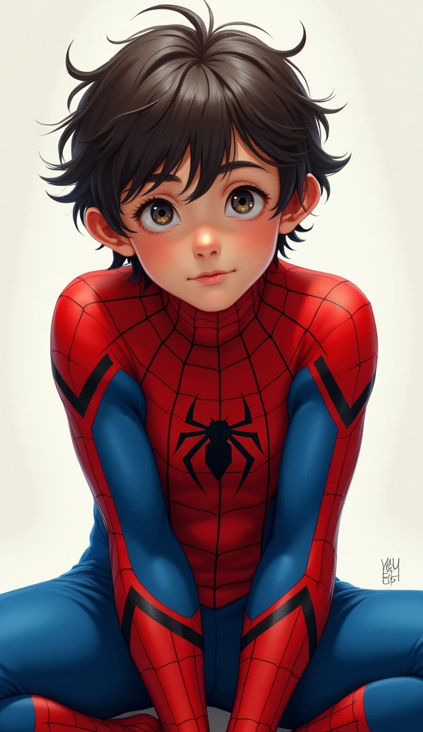 This image shows a young man sitting leaning back with his knees bent towards his chest.. He wears a red and blue superhero costume that looks like Spider-Man&#39;s costume.. This costume has a distinctive design with web lines on the blue part and a spider symbol on the chest.. This man has dark brown hair, with a slightly messy hairstyle. The expression on his face looked calm and a little dreamy..