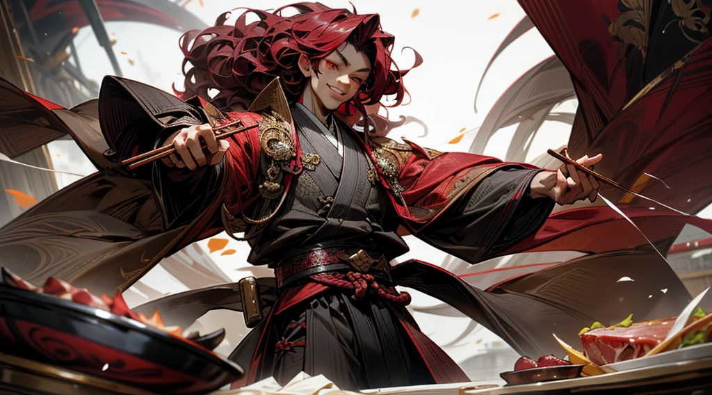 one person, Ancient Chinese youth, dark gray hanfu with patterns, burgundy belt, no mustache or beard, clear face, Asian appearance, red eyes, long curly maroon hair, grin, (highly detailed handsome face and eyes) perfect anatomy, dinamic pose, holds a plate of meat in one hand, the other hand holds chopsticks, normal fingers