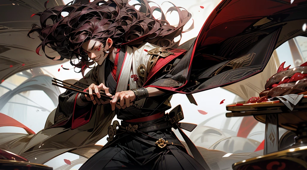 one person, Ancient Chinese youth, dark gray hanfu with patterns, burgundy belt, no mustache or beard, clear face, Asian appearance, red eyes, long curly maroon hair, grin, (highly detailed handsome face and eyes) perfect anatomy, dinamic pose, holds a plate of meat in one hand, the other hand holds chopsticks, normal fingers