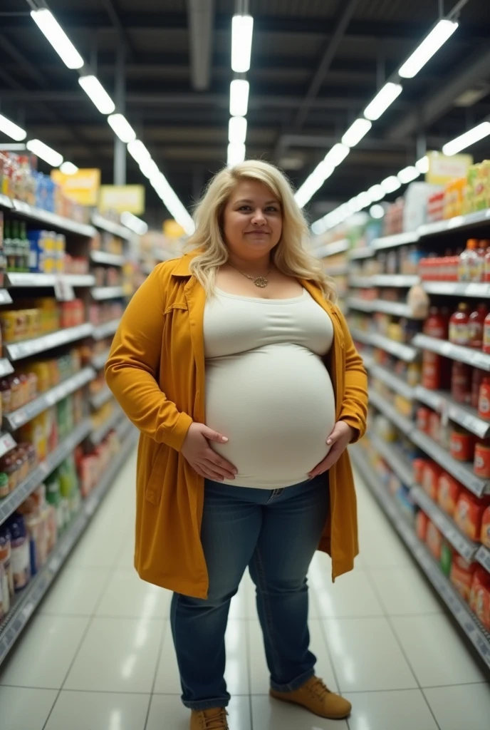 Your Pov is shopping with your plus size stepmother with blonde hair who is pregnant with her big belly at a supermarket.. fisheye camera view, iphone camera style. HD, realface, cinematic