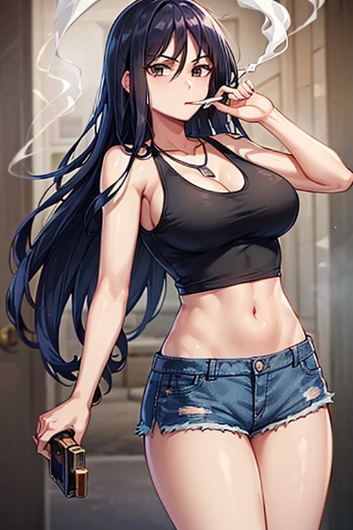 Highest quality,high resolution,２d,(Cel animation style),One woman,30 year old Asian female,(Straight long black hair),((Black tank top)),((Denim shorts)),((1 with a pistol in each hand.3)),(Skull Necklace),Black sneakers,(Beautiful face with slits 1.3)，Black wristband on left wrist,Beautiful Style,Glamorous Body,(Large Breasts),(((Holding a cigarette)))