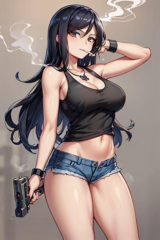 Highest quality,high resolution,comics,(Cel animation style),One woman,30 year old Asian female,(Straight long black hair),((Black tank top)),((Denim shorts)),((1 with a gun in each hand.6)),(Skull Necklace),Black sneakers,(Beautiful face with a narrow slit 1.3),Black wristband on left wrist,Beautiful Style,Slender body,(Large Breasts),(((Holding a cigarette)))