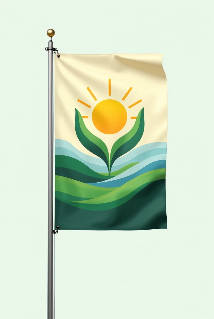 For a Renewable and Clean Energy Company, the flag design would emphasize sustainability, innovation, and the natural elements. Here’s a detailed description:
The flag features a fresh and vibrant design, with the entire background showcasing a gradient that transitions from a deep, earthy green at the bottom to a bright, sky blue at the top. This gradient represents the harmony between the earth and the sky, symbolizing the company's commitment to sustainability and environmental stewardship.
At the center of the flag is an abstract, stylized sunburst in a radiant yellow-gold, symbolizing clean energy and the power of the sun. The sunburst is surrounded by a circular emblem made of interlocking leaves in various shades of green, representing renewable energy sources and the company's focus on harnessing natural resources.
Encircling the sunburst and leaves are smooth, flowing lines in light blue and white, evoking wind and water, which further emphasize the clean energy aspect. The overall design is harmonious and refreshing, reflecting the company’s dedication to promoting a cleaner, more sustainable future.I want it to appear like a tailored flag on a flagpost I want the appearance you did with the other flags
Maintain the flag but change the sky background to cream