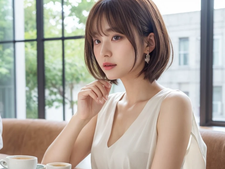 8k, masterpiece, RAW Photos, Highest quality, Realistic, extremely detailed CG unity 8k wallpaper, Cinematic Light, Lens flare, Ray Tracing, (Very beautiful face, Beautiful Lips, Beautiful Eyes, Big eyes), ((Highly detailed skin)) 1 person, Deep Shadow, Beautiful Japanese Woman, 1 person, (Very slim, Toned, muscular body:1.2),Serious expression, (morning, (Blurred Background), Pale Light),indoor, (No people in the background:1.3), Beautiful earrings, bracelet, necklace, Clear Eyes, iris, Inside the cafe,Drink coffee,Looking out the window, Full Body Shot,Summer clothes、Hold my hand!