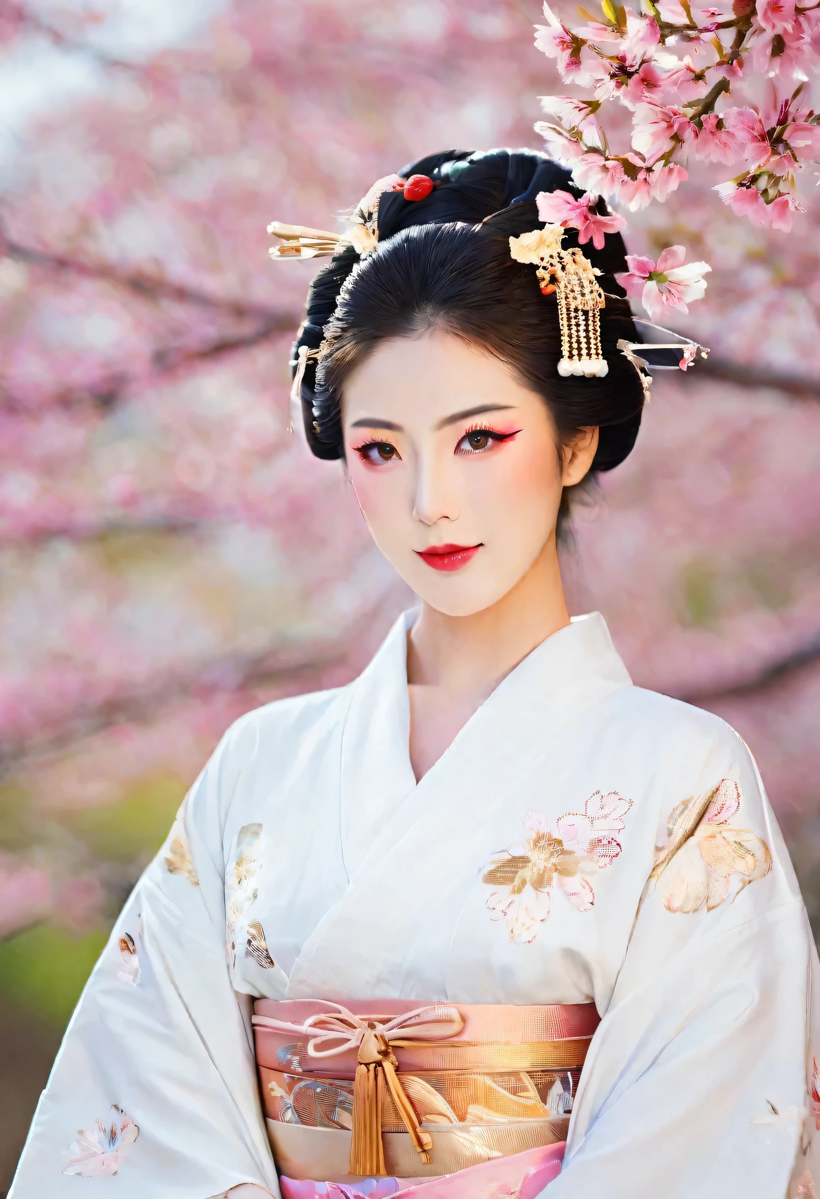 (A geisha stands gracefully under the cherry blossoms, Look back and smile: 1.37), Pink cherry blossom petals scattered々And then they&#39;re scattered, (Upper Body)
The base makeup of the face has no highlight or shadow decoration.. Foundation is applied to the face. Red lip makeup、The part of the mouth that is smaller than normal lips. Use thick and thin eyeliner pencils to accentuate the contours of your eyes.., strengthens the eyes, Makes pupils appear darker and deeper. Straight eyebrows are not only eye-catching、Non-formula, Wash your entire face. Typical Japanese Geisha makeup,
Wearing a gorgeous kimono embroidered with black and gold cherry blossoms, This is a long-sleeved kimono, Wearing clogs,
Realistic depiction of light and shadow, Realistic and exaggerated photos, super high quality, Super Details, Cinematic shots, Shallow depth of field,