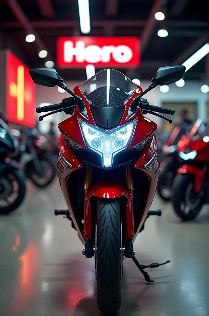 Make a image of hero bike showroom background blur but no any bike show on front bike show only background