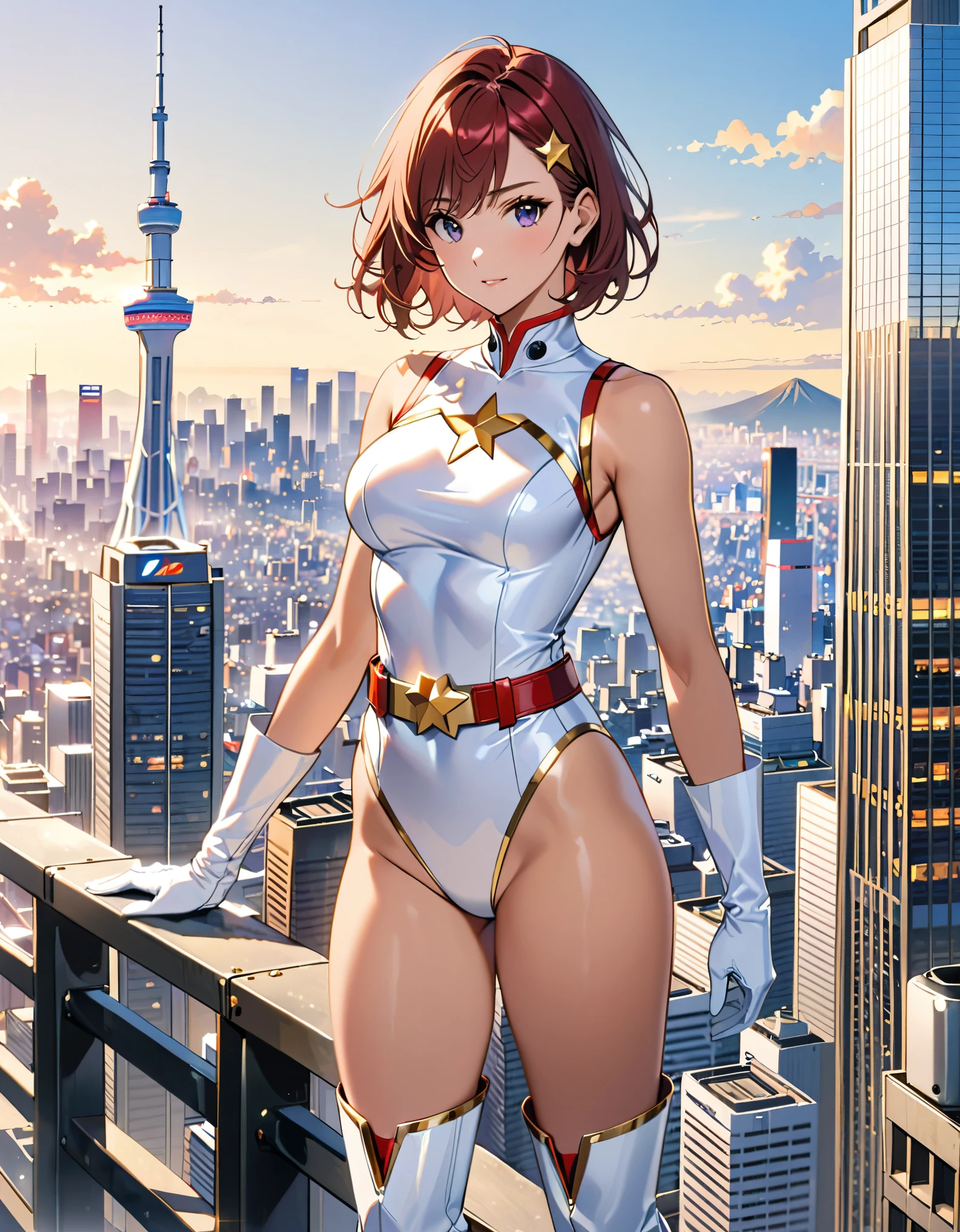 (masterpiece), (best quality), (high res), medium breasts, ((leotard, white and red leotard, matching leotard, sleeveless, bare legs)), ((tight belt, gold belt)), ((boots, matching boots, ankle-high boots, white boots)), ((gloves, white gloves)), city backdrop, tokyo city backdrop, solo, solo focus, standing, (full body), cowboy shot, superhero, ((beautiful detailed eyes)), ((gold star symbol on chest)), (brown hair, medium hair, bob hair, purple eyes), (perfect hands, perfect anatomy), cowboy shot, superhero, ((beautiful detailed eyes)), full body costume design.