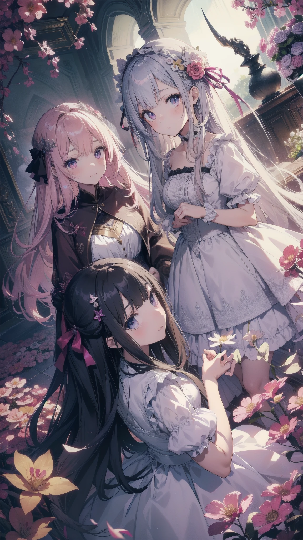 Masterpiece Top Quality
Three Girls Adorned in Delicate Dresses, their Faces Reflecting Fear and Anxiety, Akin to the Squid Game Characters
1. With Straight Long Hair, their Eyes Wide and Full of Trepidation, Pale as the Moon
2. A Young Adscent, possibly , resembling Chiquita
3. A Matured Girl, perhaps , exuding an Alluring Gaze
The girls stand at the foot of a grand staircase, their eyes fixed on the Shiny Pink World above, a Dreamland, adorned with Ribbons