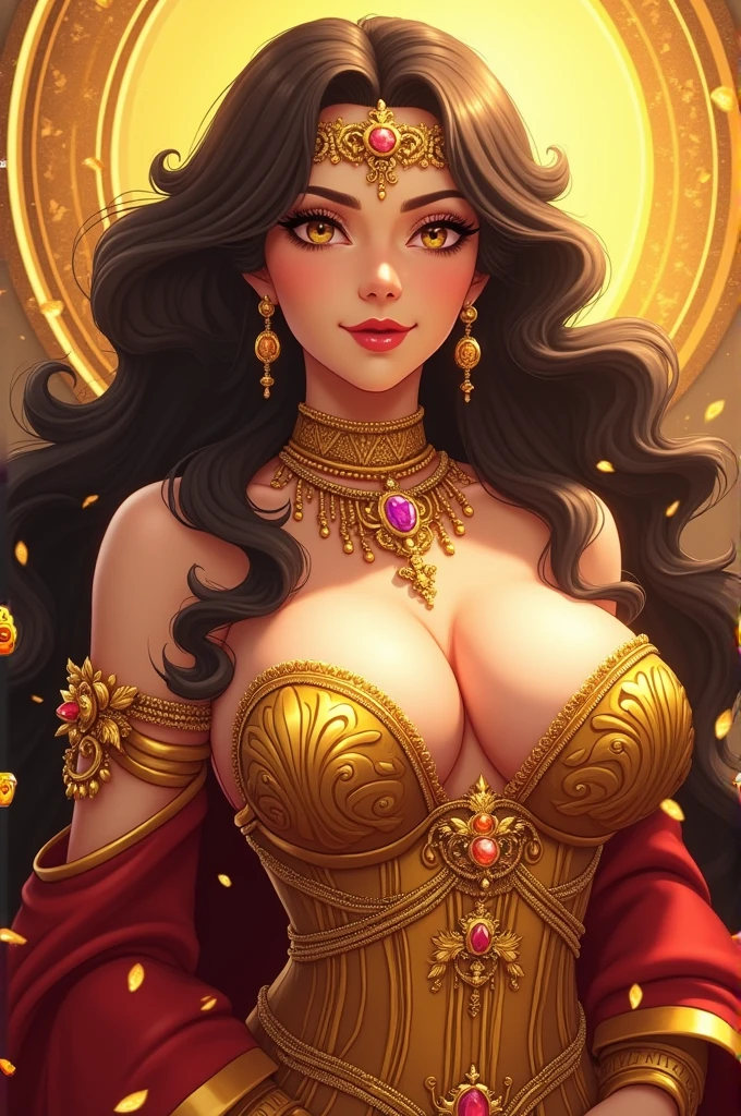Aurum is an imposing and exuberant female figure., with a generous, curvy silhouette, extremely large breasts. She looks like anime characters and exudes sensuality.. She is dressed as a queen'CLOTHES, Adorned with golden jewels and precious stones that shine brightly. Your gaze is penetrating and full of intensity., Transmitting power and authority.. Aurum is surrounded by coins and shiny elements that accentuate his aura of wealth and magnificence.... Your mouth is well marked and seductive., and your whole body radiates an irresistible sensuality.