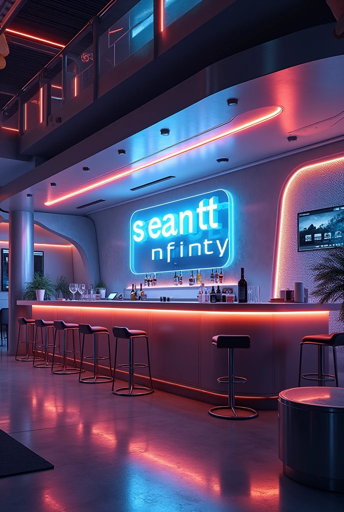 Photographic grade,Movie quality,CG Wallpaper,An interior view of a cyber bar with a strong atmosphere,Store name displayed on bar counter"SeaArt Infinity"