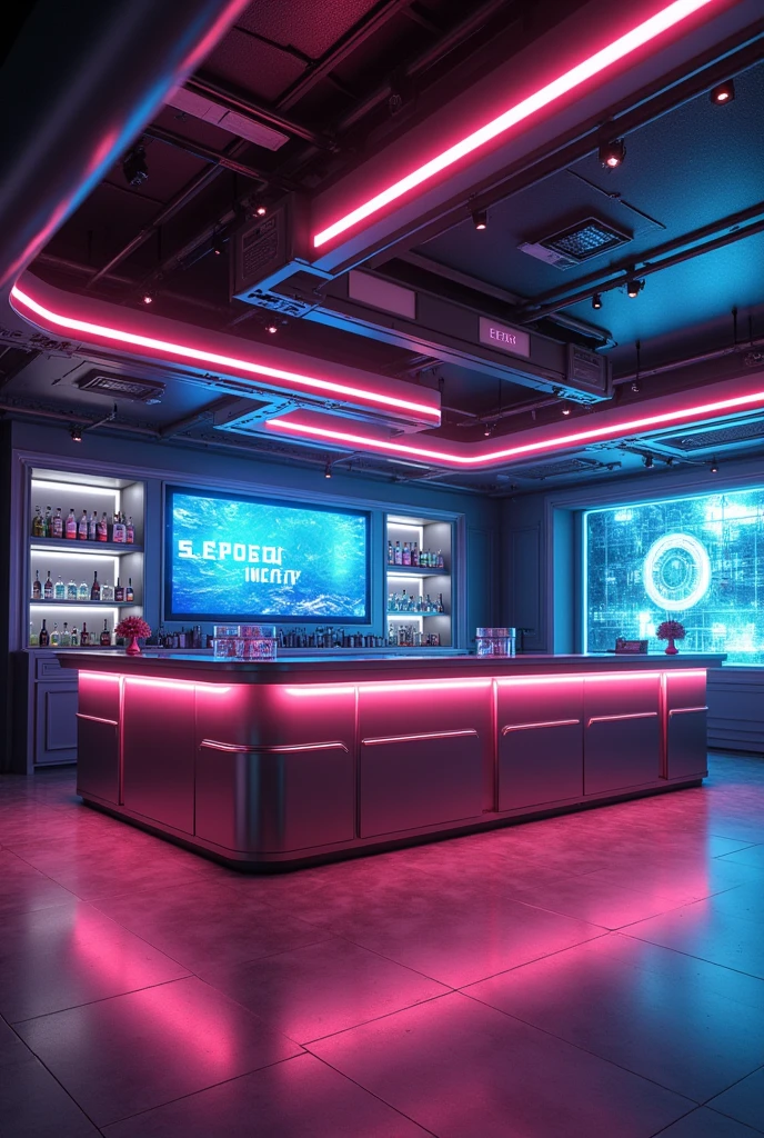 Photographic grade,Movie quality,CG Wallpaper,An interior view of a cyber bar with a strong atmosphere,Store name displayed on bar counter"SeaArt Infinity"