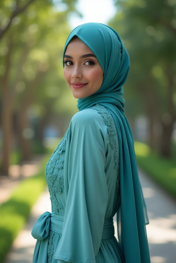 ( Close Up),RAW, Best quality, high resolution, masterpiece: 1.3), beautiful Malay woman in hijab,Masterpiece, perfect fit body, big breast,big gorgeous eyes, Soft smile,beutiful face,thick thighs,Close Up),RAW, Best quality, high resolution, masterpiece: 1.3), beautiful Malay woman in hijab,Masterpiece, perfect fit body, big breast,big gorgeous eyes, Soft smile,beutiful face,thick thighs, close up of a woman wearing a blue dress and a scarf, turqouise, long dress with apron, long dress female, with teal clothes, turquoise, belly free teal dress, idian dress, icey blue dress, modest flowing gown, teal tunic, flowing aqua silk, blue tunic, sky - blue dress, dress in voile, dressed thobe, long tunic,big round buttocks, from behind, (looking at the audience, looking back, facial details, double eyelids, smiling),(sweet smile:1.1), (Delicate turtleneck) , shairband, afternoon walk, City garden, Excellent lighting, Bright colors, Clean lines, close up of a woman wearing a blue dress and a scarf, turqouise, long dress with apron, long dress female, with teal clothes, turquoise, belly free teal dress, icey blue dress, modest flowing gown, teal tunic, flowing aqua silk, blue tunic, sky - blue dress, dress in voile, dressed thobe, long tunic,big round buttocks, beutifull buttocks, from behind, (looking at the audience, looking back, facial details, double eyelids, smiling),(sweet smile:1.1), (Delicate turtleneck) , shairband, afternoon walk, City garden, Excellent lighting, Bright colors, Clean lines,